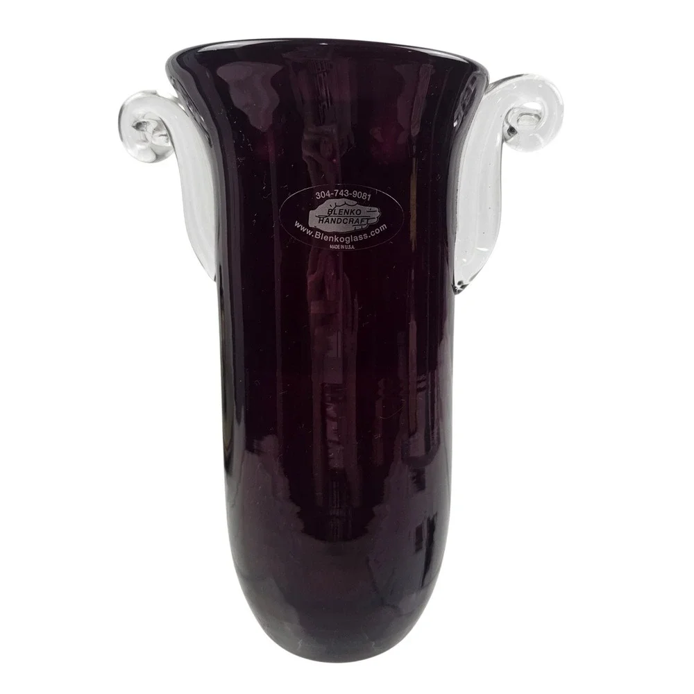 Blenko Millennium II Amethyst Purple Glass Vase Scrolled Handles Ltd 1812/2000